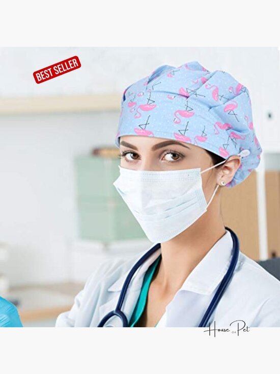 6 Pack Elastic Bouffant Caps with Buttons Nursing Surgical Hats Cotton Scrub